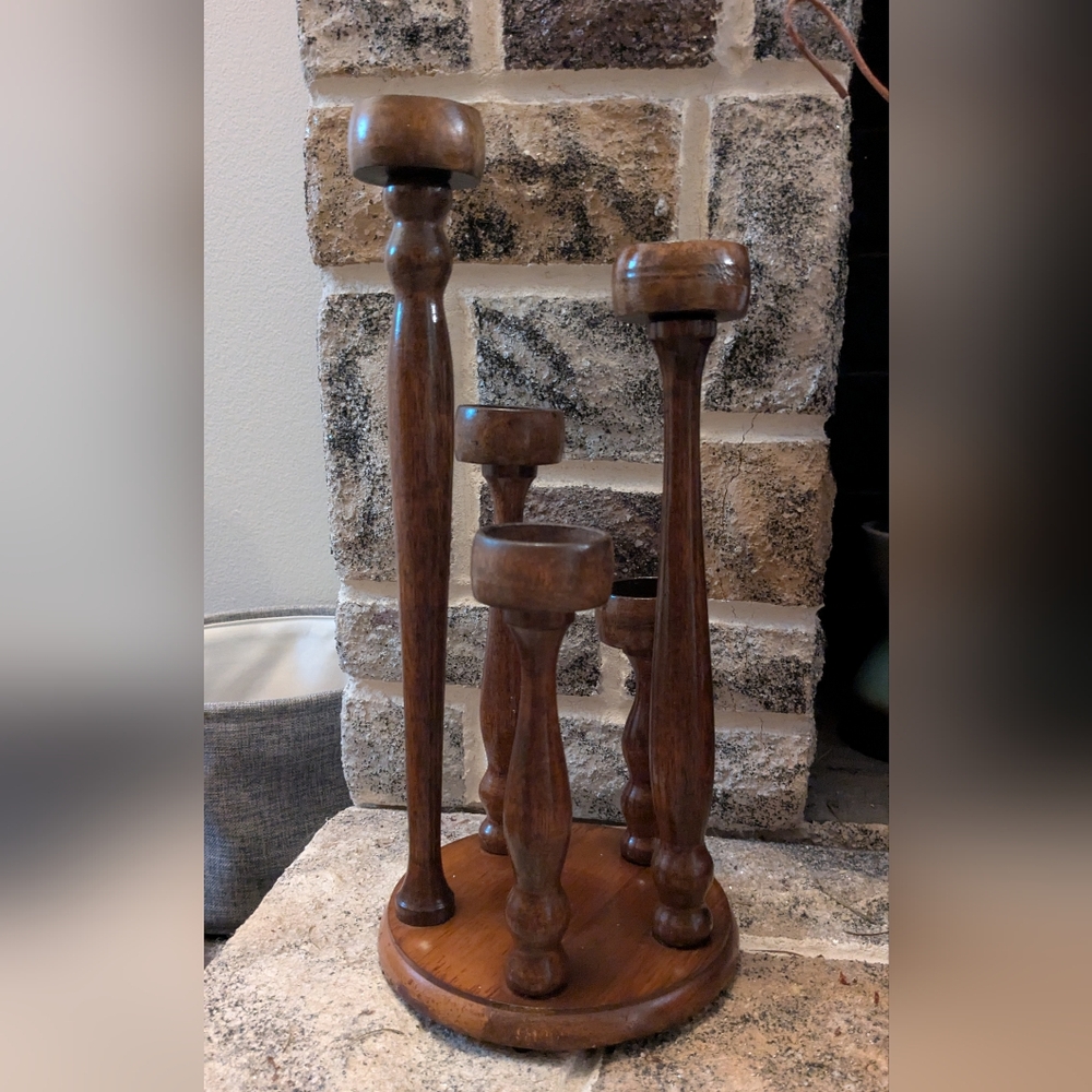Boho Mid Century Modern  Hand Turned Wood Candelabra Candleholder 14" Tall